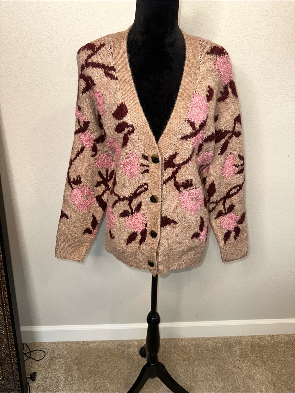 DR2 Beige Cardigan with Pink Floral and Burgundy Branches